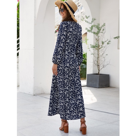 Floral Print Navy Blue Maxi Buttoned Up Dress - Picture 4 of 8